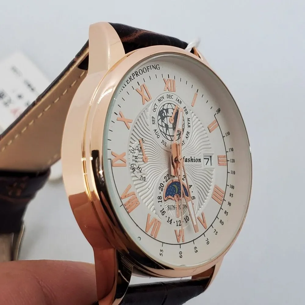 Men's 40MM Watch Gray Dial Brown Leather‎ Bands Roman Numerals Date Indicator